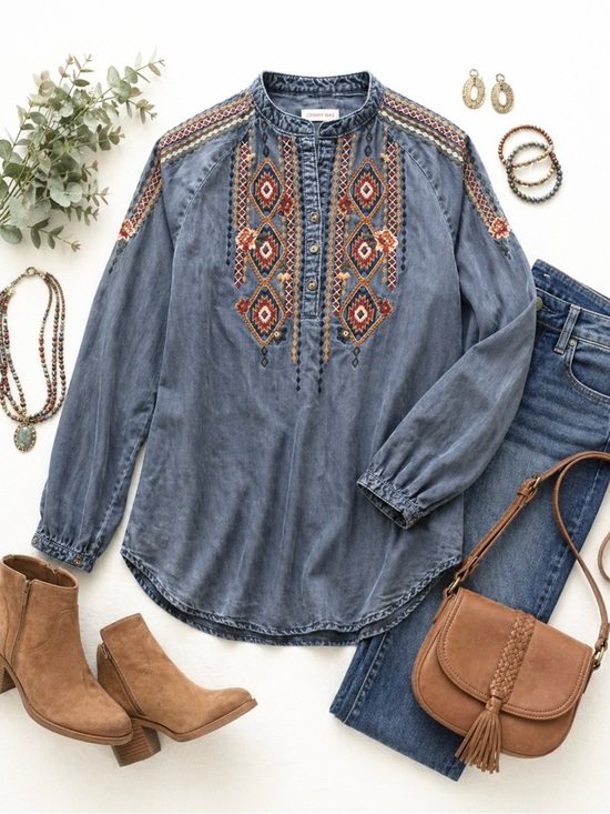 Reba Tops - REBA Boho Embroidered Chambray Denim Tunic Top Western Southwest M Cottagecore